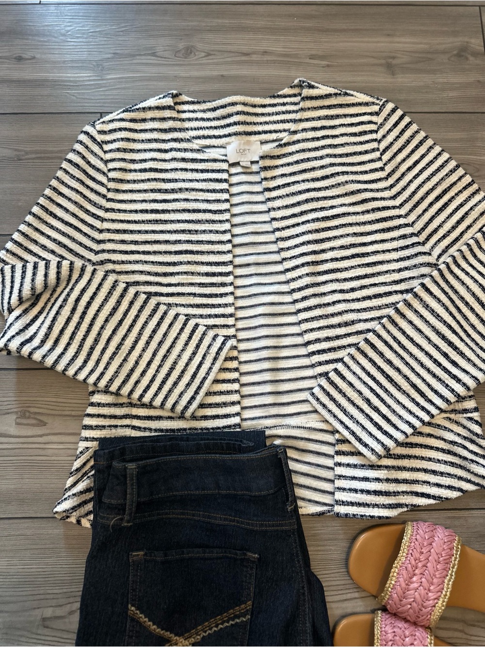 LOFT Outlet Navy & Cream Striped Open Front Cardigan Jacket Medium